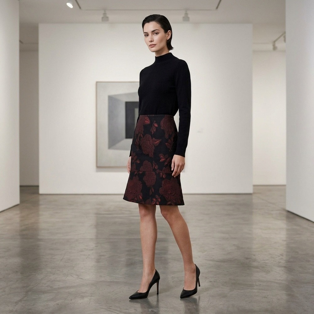 Ann Taylor Floral Brocade Pencil Skirt Burgundy Black Jacquard Flounce Hem Sz 8